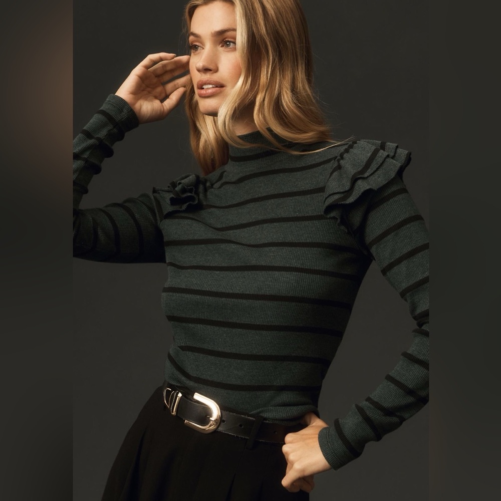Anthropologie Striped Ruffle Ribbed Long Sleeve Top | Feminine Chic Size Small